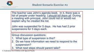 © Federation for Children with Special Needs
Student Scenario Exercise #2
The teacher saw John’s agenda book. In it, there...