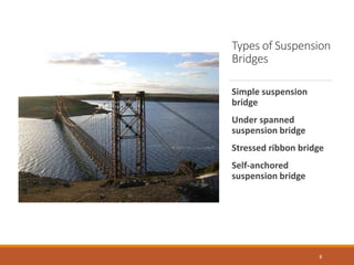 Types of Suspension
Bridges
Simple suspension
bridge
Under spanned
suspension bridge
Stressed ribbon bridge
Self-anchored
suspension bridge
8
 