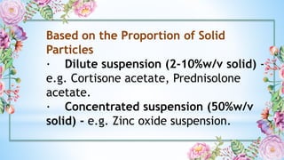 Based on the Proportion of Solid
Particles
· Dilute suspension (2-10%w/v solid) -
e.g. Cortisone acetate, Prednisolone
acetate.
· Concentrated suspension (50%w/v
solid) - e.g. Zinc oxide suspension.
 