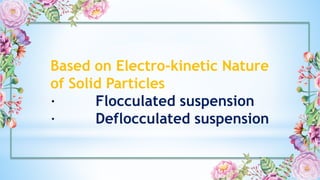 Based on Electro-kinetic Nature
of Solid Particles
· Flocculated suspension
· Deflocculated suspension
 