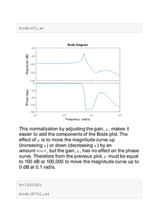 bode(G1,w)
This normalization by adjusting the gain, , makes it
easier to add the components of the Bode plot. The
effect of is to move the magnitude curve up
(increasing ) or down (decreasing ) by an
amount , but the gain, , has no effect on the phase
curve. Therefore from the previous plot, must be equal
to 100 dB or 100,000 to move the magnitude curve up to
0 dB at 0.1 rad/s.
K=100000;
bode(K*G1,w)
 