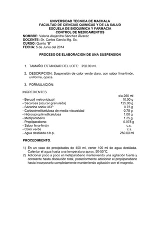 UNIVERSIDAD TECNICA DE MACHALA
FACULTAD DE CIENCIAS QUIMICAS Y DE LA SALUD
ESCUELA DE BIOQUIMICA Y FARMACIA
CONTROL DE MEDICAMENTOS
NOMBRE: Valeria Alejandra Sánchez Álvarez
DOCENTE: Dr. Carlos García Mg. Sc.
CURSO: Quinto “B”
FECHA: 5 de Junio del 2014
PROCESO DE ELABORACION DE UNA SUSPENSION
PROCEDIMIENTO:
1) En un vaso de precipitados de 400 ml, verter 100 ml de agua destilada.
Calentar el agua hasta una temperatura aprox. 50-55°C.
2) Adicionar poco a poco el metilparabeno manteniendo una agitación fuerte y
constante hasta disolución total, posteriormente adicionar el propilparabeno
hasta incorporarlo completamente manteniendo agitación con el magneto.
1. TAMAÑO ESTANDAR DEL LOTE: 250.00 ml.
2. DESCRIPCION: Suspensión de color verde claro, con sabor lima-limón,
uniforme, opaca.
3. FORMULACIÓN:
INGREDIENTES
c/a 250 ml
- Benzoil metronidazol 10.00 g
- Sacarosa (azucar granulada) 125.00 g
- Sacarina sodia USP 0.75 g
- Carboximetilcelulosa de media viscosidad 0.75 g
- Hidroxipropilmetilcelulosa 1.00 g
- Metilparabeno 1.25 g
- Propilparabeno 0.075 g
- Sabor lima-limón c.s.
- Color verde c.s.
- Agua destilada c.b.p. 250.00 ml
 