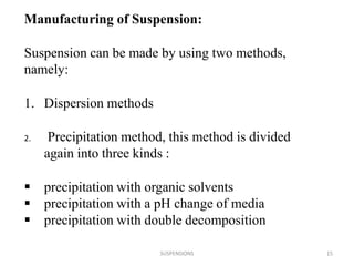 SUSPENSIONS 15
Manufacturing of Suspension:
Suspension can be made by using two methods,
namely:
1. Dispersion methods
2. Precipitation method, this method is divided
again into three kinds :
 precipitation with organic solvents
 precipitation with a pH change of media
 precipitation with double decomposition
 