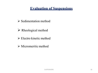 SUSPENSIONS 18
 Sedimentation method
 Rheological method
 Electro kinetic method
 Micromeritic method
Evaluation of Suspensions
 