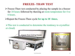 FREEZE- THAW TEST
Freeze-thaw testing freezer
SUSPENSIONS 25
 Freeze-Thaw test conducted by placing the sample in a freezer
for 18 hours followed by thawing at room temperature for 4 to
6 hours.
Repeat the Freeze-Thaw cycle for up to 10 times.
This test is conducted to determine the tendency to crystallize
or cloud)
INNER CHAMBER
 