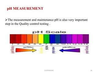 pH MEASUREMENT
The measurement and maintenance pH is also very important
step in the Quality control testing .
SUSPENSIONS 26
 
