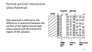 Particle-particle interactions
(Zeta Potential)
Zeta potential is defined as the
difference in potential between the
surface of the tightly bound layer
(shear plane) and electroneutral
region of the solution.
18
 