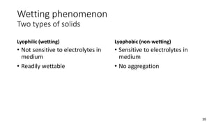 Wetting phenomenon
Two types of solids
Lyophilic (wetting)
• Not sensitive to electrolytes in
medium
• Readily wettable
Lyophobic (non-wetting)
• Sensitive to electrolytes in
medium
• No aggregation
35
 