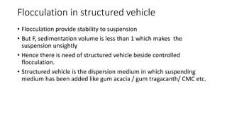 Flocculation in structured vehicle
• Flocculation provide stability to suspension
• But F, sedimentation volume is less than 1 which makes the
suspension unsightly
• Hence there is need of structured vehicle beside controlled
flocculation.
• Structured vehicle is the dispersion medium in which suspending
medium has been added like gum acacia / gum tragacanth/ CMC etc.
 