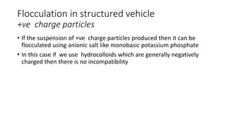 Flocculation in structured vehicle
+ve charge particles
• If the suspension of +ve charge particles produced then it can be
flocculated using anionic salt like monobasic potassium phosphate
• In this case if we use hydrocolloids which are generally negatively
charged then there is no incompatibility
 