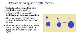 Ostwald ripening and crystal factors
• Fluctuation changes particle size
distribution in suspension.
• Particle growth is common if
solubility is temperature dependent.
• When temperature is high, small
particles dissolve to form saturated
solution.
• When temperature decreases, solute
deposit on large crystals hence →
crystal size increases for large size
crystals
 