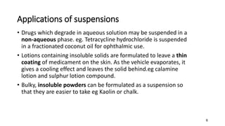 Applications of suspensions
• Drugs which degrade in aqueous solution may be suspended in a
non-aqueous phase. eg. Tetracycline hydrochloride is suspended
in a fractionated coconut oil for ophthalmic use.
• Lotions containing insoluble solids are formulated to leave a thin
coating of medicament on the skin. As the vehicle evaporates, it
gives a cooling effect and leaves the solid behind.eg calamine
lotion and sulphur lotion compound.
• Bulky, insoluble powders can be formulated as a suspension so
that they are easier to take eg Kaolin or chalk.
6
 