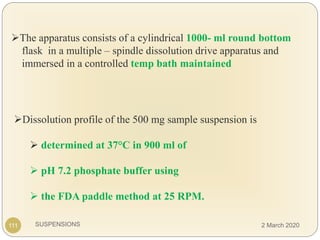 SUSPENSIONS
Dissolution profile of the 500 mg sample suspension is
 determined at 37°C in 900 ml of
 pH 7.2 phosphate buffer using
 the FDA paddle method at 25 RPM.
111
The apparatus consists of a cylindrical 1000- ml round bottom
flask in a multiple – spindle dissolution drive apparatus and
immersed in a controlled temp bath maintained
2 March 2020
 