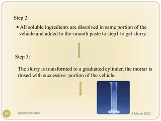 SUSPENSIONS
Step 2:
 All soluble ingredients are dissolved in same portion of the
vehicle and added to the smooth paste to step1 to get slurry.
Step 3:
The slurry is transformed to a graduated cylinder, the mortar is
rinsed with successive portion of the vehicle.
80 2 March 2020
 