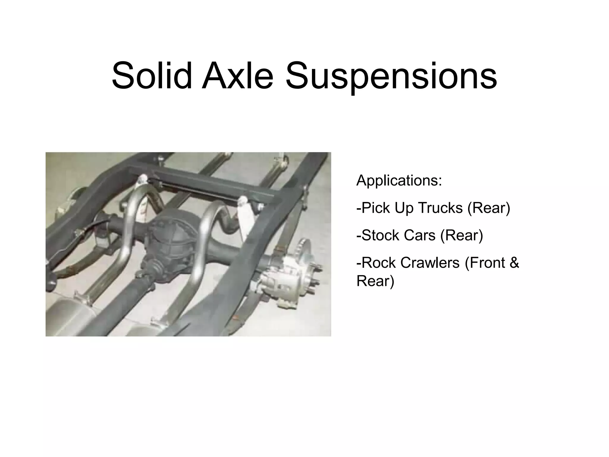 Solid Axle Suspensions
Applications:
-Pick Up Trucks (Rear)
-Stock Cars (Rear)
-Rock Crawlers (Front &
Rear)
 