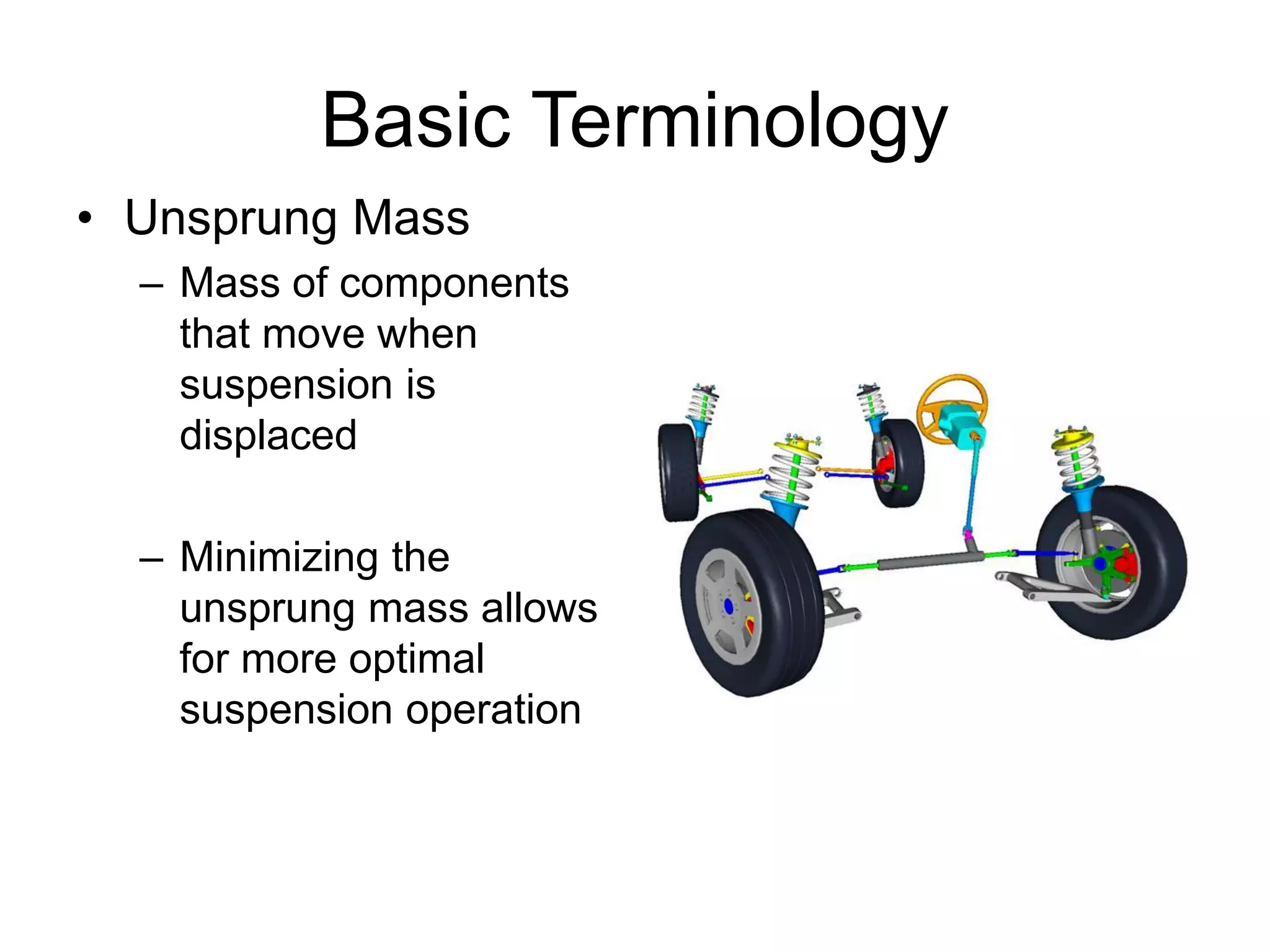 Basic Terminology
• Unsprung Mass
– Mass of components
that move when
suspension is
displaced
– Minimizing the
unsprung mass allows
for more optimal
suspension operation
 