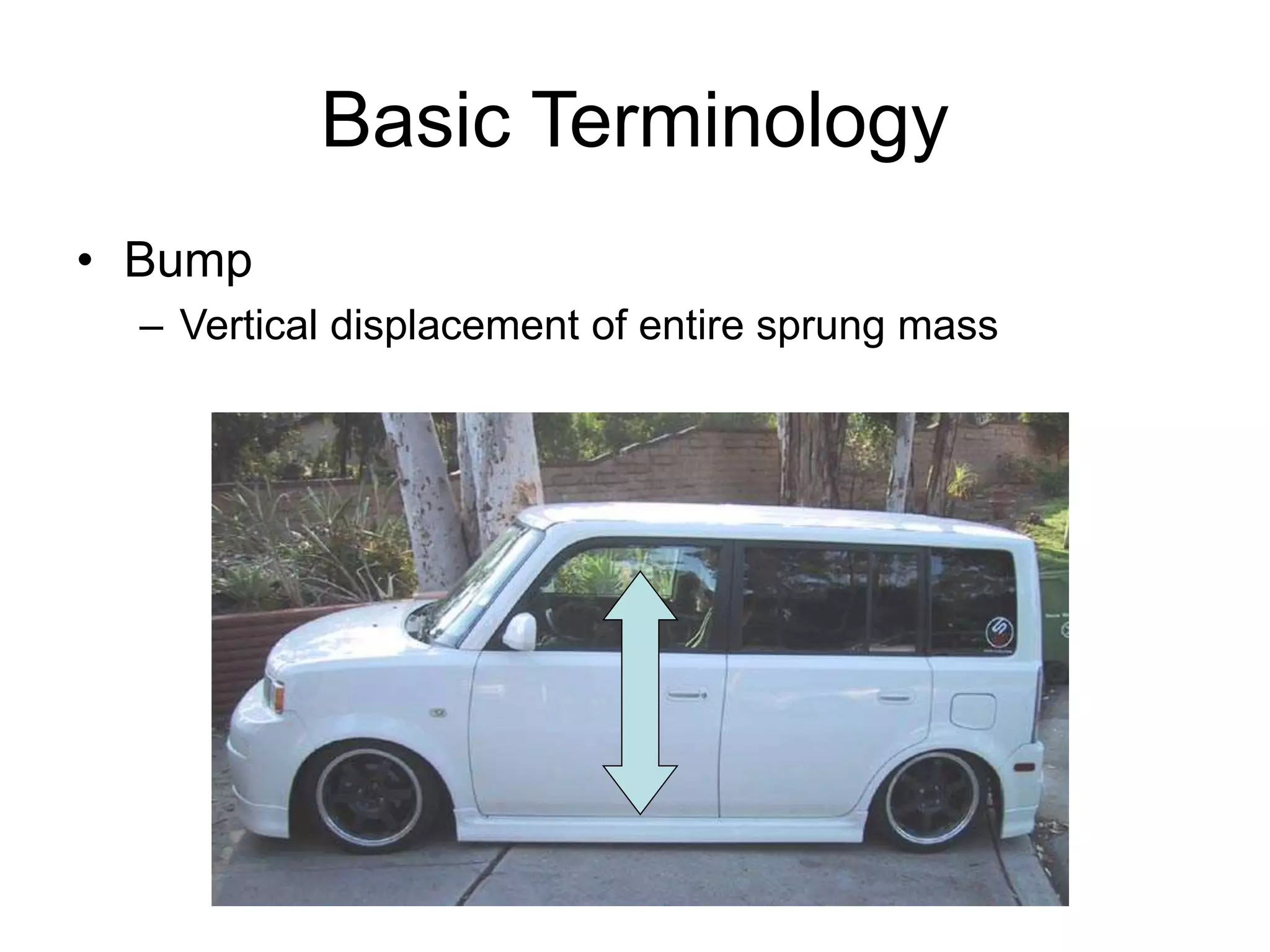 Basic Terminology
• Bump
– Vertical displacement of entire sprung mass
 