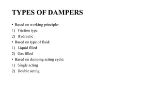 TYPES OF DAMPERS
• Based on working principle:
1) Friction type
2) Hydraulic
• Based on type of fluid:
1) Liquid filled
2) Gas filled
• Based on damping acting cycle:
1) Single acting
2) Double acting