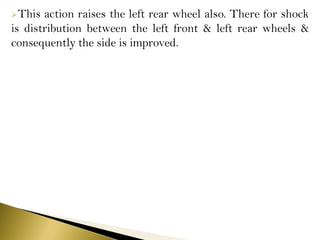 This action raises the left rear wheel also. There for shock
is distribution between the left front & left rear wheels &
consequently the side is improved.
 
