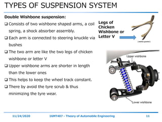 TYPES OF SUSPENSION SYSTEM
11/24/2020 16MT407 - Theory of Automobile Engineering 11
Double Wishbone suspension:
 Consists of two wishbone shaped arms, a coil
spring, a shock absorber assembly.
 Each arm is connected to steering knuckle via
bushes
 The two arm are like the two legs of chicken
wishbone or letter V
 Upper wishbone arms are shorter in length
than the lower ones
 This helps to keep the wheel track constant.
 There by avoid the tyre scrub & thus
minimizing the tyre wear.
Legs of
Chicken
Wishbone or
Letter V
 