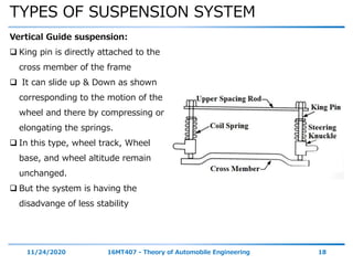 TYPES OF SUSPENSION SYSTEM
11/24/2020 16MT407 - Theory of Automobile Engineering 18
Vertical Guide suspension:
 King pin is directly attached to the
cross member of the frame
 It can slide up & Down as shown
corresponding to the motion of the
wheel and there by compressing or
elongating the springs.
 In this type, wheel track, Wheel
base, and wheel altitude remain
unchanged.
 But the system is having the
disadvange of less stability
 