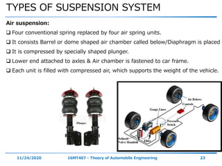 TYPES OF SUSPENSION SYSTEM
11/24/2020 16MT407 - Theory of Automobile Engineering 23
Air suspension:
 Four conventional spring replaced by four air spring units.
 It consists Barrel or dome shaped air chamber called below/Diaphragm is placed
 It is compressed by specially shaped plunger.
 Lower end attached to axles & Air chamber is fastened to car frame.
 Each unit is filled with compressed air, which supports the weight of the vehicle.
 