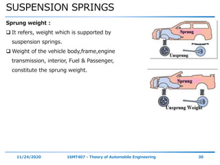 SUSPENSION SPRINGS
11/24/2020 16MT407 - Theory of Automobile Engineering 30
Sprung weight :
 It refers, weight which is supported by
suspension springs.
 Weight of the vehicle body,frame,engine
transmission, interior, Fuel & Passenger,
constitute the sprung weight.
 