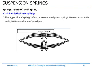 SUSPENSION SPRINGS
11/24/2020 16MT407 - Theory of Automobile Engineering 37
Springs: Types of Leaf Spring
a.) Full Elliptical leaf spring:
 This type of leaf spring refers to two semi-elliptical springs connected at their
ends, to form a shape of an ellipse
 