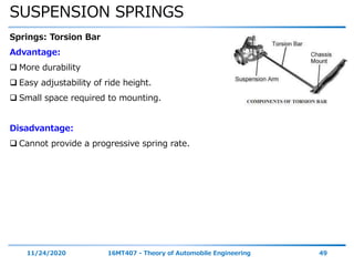 SUSPENSION SPRINGS
11/24/2020 16MT407 - Theory of Automobile Engineering 49
Springs: Torsion Bar
Advantage:
 More durability
 Easy adjustability of ride height.
 Small space required to mounting.
Disadvantage:
 Cannot provide a progressive spring rate.
 
