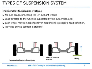 TYPES OF SUSPENSION SYSTEM
11/24/2020 16MT407 - Theory of Automobile Engineering 7
Independent Suspension system :
 No axle beam connecting the left & Right wheels
 Load directed to the wheel is supported by the suspension arm.
 Each wheel moves independently in response to its specific road condition.
 Provides driving comfort & stability
 