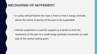 MECHANISM OF MOVEMENT:
• In using vertical fixation the rope is fixed so that it hangs vertically
above the centre of gravity of the part to be suspended.
• Vertical suspension is used for support as it tends to limit the
movement of the part to a small-range pendular movement on each
side of the central resting point
 