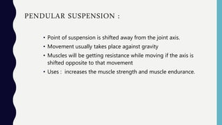 PENDULAR SUSPENSION :
• Point of suspension is shifted away from the joint axis.
• Movement usually takes place against gravity
• Muscles will be getting resistance while moving if the axis is
shifted opposite to that movement
• Uses : increases the muscle strength and muscle endurance.
 