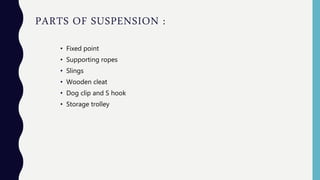 PARTS OF SUSPENSION :
• Fixed point
• Supporting ropes
• Slings
• Wooden cleat
• Dog clip and S hook
• Storage trolley
 