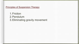 Principles of Suspension Therapy
1.Friction
2.Pendulum
3.Eliminating gravity movement
 