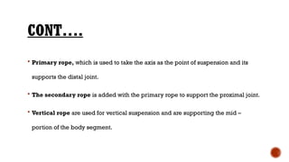 CONT….
 Primary rope, which is used to take the axis as the point of suspension and its
supports the distal joint.
 The secondary rope is added with the primary rope to support the proximal joint.
 Vertical rope are used for vertical suspension and are supporting the mid –
portion of the body segment.
 