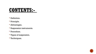 CONTENTS:-
 Definition.
 Principle.
 Advantages.
 Suspension instruments.
 Procedure.
 Types of suspension.
 Techniques.
 