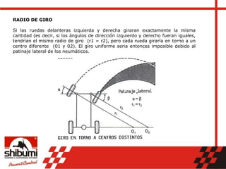 RADIO DE GIRO
Si las ruedas delanteras izquierda y derecha giraran exactamente la misma
cantidad (es decir, si los ángulos de dirección izquierdo y derecho fueran iguales,
tendrían el mismo radio de giro (r1 = r2), pero cada rueda giraría en torno a un
centro diferente (01 y 02). El giro uniforme seria entonces imposible debido al
patinaje lateral de los neumáticos.
 
