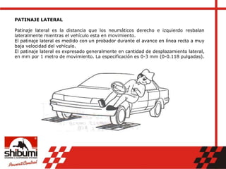 PATINAJE LATERAL
Patinaje lateral es la distancia que los neumáticos derecho e izquierdo resbalan
lateralmente mientras el vehículo esta en movimiento.
El patinaje lateral es medido con un probador durante el avance en línea recta a muy
baja velocidad del vehículo.
El patinaje lateral es expresado generalmente en cantidad de desplazamiento lateral,
en mm por 1 metro de movimiento. La especificación es 0-3 mm (0-0.118 pulgadas).
 