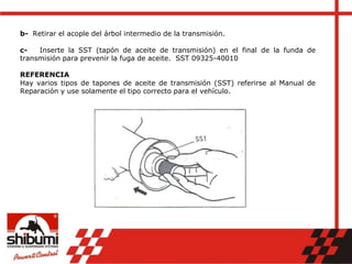 b- Retirar el acople del árbol intermedio de la transmisión.
c- Inserte la SST (tapón de aceite de transmisión) en el final de la funda de
transmisión para prevenir la fuga de aceite. SST 09325-40010
REFERENCIA
Hay varios tipos de tapones de aceite de transmisión (SST) referirse al Manual de
Reparación y use solamente el tipo correcto para el vehículo.
 