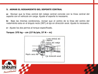 5. ARMAR EL RODAMIENTO DEL SOPORTE CENTRAL
a- Revisar que la línea central del rodaje central coincide con la línea central del
soporte con el vehiculo sin carga. Ajuste el soporte lo necesario.
b- Bajo las mismas condiciones, revisar que el centro de la línea del centro del
rodamiento esta en el ángulo recto (90º) al eje en dirección axial. Ajuste lo necesario.
c- Ajuste los dos pernos al torque especificado.
Torque: 375 kg – cm (27 lb/pie, 37 N – m)
 