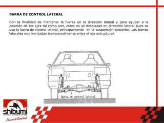 BARRA DE CONTROL LATERAL
Con la finalidad de mantener la fuerza en la dirección lateral y para ayudar a la
posición de los ejes tal como son, estos no se desplazan en dirección lateral pues se
usa la barra de control lateral, principalmente en la suspensión posterior. Las barras
laterales son montadas transversalmente entre el eje estructural.
 