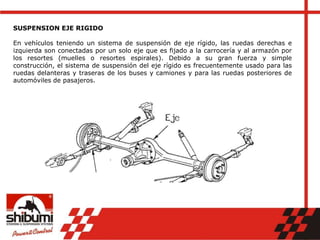 SUSPENSION EJE RIGIDO
En vehículos teniendo un sistema de suspensión de eje rígido, las ruedas derechas e
izquierda son conectadas por un solo eje que es fijado a la carrocería y al armazón por
los resortes (muelles o resortes espirales). Debido a su gran fuerza y simple
construcción, el sistema de suspensión del eje rígido es frecuentemente usado para las
ruedas delanteras y traseras de los buses y camiones y para las ruedas posteriores de
automóviles de pasajeros.
 