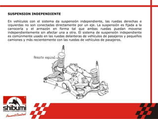 SUSPENSION INDEPENDIENTE
En vehículos con el sistema da suspensión independiente, las ruedas derechas e
izquierdas no son conectadas directamente por un eje. La suspensión es fijada a la
carrocería y el armazón en forma tal que ambas ruedas puedan moverse
independientemente sin afectar una a otra. El sistema de suspensión independiente
es comúnmente usado en las ruedas delanteras de vehículos de pasajeros y pequeños
camiones y más recientemente con las ruedas de vehículos de pasajeros.
 
