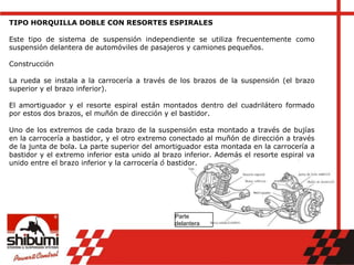 TIPO HORQUILLA DOBLE CON RESORTES ESPIRALES
Este tipo de sistema de suspensión independiente se utiliza frecuentemente como
suspensión delantera de automóviles de pasajeros y camiones pequeños.
Construcción
La rueda se instala a la carrocería a través de los brazos de la suspensión (el brazo
superior y el brazo inferior).
El amortiguador y el resorte espiral están montados dentro del cuadrilátero formado
por estos dos brazos, el muñón de dirección y el bastidor.
Uno de los extremos de cada brazo de la suspensión esta montado a través de bujías
en la carrocería a bastidor, y el otro extremo conectado al muñón de dirección a través
de la junta de bola. La parte superior del amortiguador esta montada en la carrocería a
bastidor y el extremo inferior esta unido al brazo inferior. Además el resorte espiral va
unido entre el brazo inferior y la carrocería ó bastidor.
Parte
delantera
 