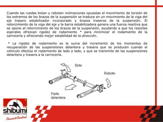 Cuando las ruedas botan y rebotan inclinaciones opuestas el movimiento de torsión de
los extremos de los brazos de la suspensión se traduce en un movimiento de la viga del
eje trasero estabilizador incorporado y brazos traseros de la suspensión. El
retorcimiento de la viga del eje y la barra estabilizadora genera una fuerza reactiva que
se opone al retorcimiento de los brazos de la suspensión, ayudando a que los resortes
espirales ofrezcan rigidez de rodamiento * para minimizar el rodamiento de la
carrocería y ofreciendo mejor estabilidad de la dirección.
* La rigidez de rodamiento es la suma del incremento de los momentos de
recuperación de las suspensiones delantera y trasera que se producen cuando el
vehículo efectúa el rodamiento de lado a lado, y que se transmite de las suspensiones
delantera y trasera a la carrocería.
 
