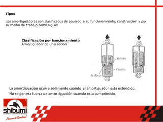 Tipos
Los amortiguadores son clasificados de acuerdo a su funcionamiento, construcción y por
su medio de trabajo como sigue:
Clasificación por funcionamiento
Amortiguador de una acción
La amortiguación ocurre solamente cuando el amortiguador esta extendido.
No se genera fuerza de amortiguación cuando esta comprimido.
 