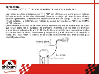 REFERENCIA
LOS SIMBOLOS “J” Y “JJ” INDICAN LA FORMA DE LOS BORDES DEL ARO
Las ruedas de disco marcadas con “J” y “JJ” son idénticas en forma pero el reborde
del aro aumenta de tamaño (distancia) desde el montaje del talón del neumático y
difieren ligeramente. El tamaño del reborde de un aro con código “J” es de 17.5 Mm.
(0.689 pulgadas) y el tamaño del reborde de un aro cuyo código es “JJ” es de 18 Mm.
(0.709 pulgadas).
Generalmente hablando de la forma de los rebordes de aro es J para aros de rueda
que están sobre las 5 pulgadas de diámetro, mientras que los aros de diámetro
grande tienen rebordes de aro JJ. El diseño JJ es preferible para neumáticos anchos
porque un reborde alto lo hace fuerte y no permite que el neumático se salga de la
rueda. Por esta razón el diseño JJ es usado comúnmente con aros anchos para
neumáticos anchos.
 
