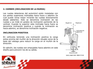 2. CAMBER (INCLINACION DE LA RUEDA)
Las ruedas delanteras del automóvil están instaladas con
sus partes superiores inclinadas hacia fuera o adentro (lo
cual puede verse mejor mirando las ruedas directamente
desde adelante). Esto se denomina inclinación de las
ruedas y se mide en grados de inclinación partiendo de la
vertical. Cuando la superior esta inclinada hacia fuera se
denomina inclinación positiva y cuando la inclinación es
hacia adentro, se denomina inclinación negativa.
INCLINACION POSITIVA
En vehículos teniendo una inclinación positiva la carga
actúa encima del muñón de la dirección situado cerca de la
base del vástago para reducir la carga en el muñón de la
dirección.
En adición, las ruedas son empujadas hacia adentro en este
diseño para prevenir los de su salida.
 
