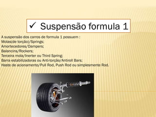  Suspensão formula 1
A suspensão dos carros de formula 1 possuem :
Molas(de torção)/Springs;
Amortecedores/Dampers;
Balancins/Rockers;
Terceira mola/Inerter ou Third Spring;
Barra estabilizadoras ou Anti-torção/Antiroll Bars;
Haste de acionamento/Pull Rod, Push Rod ou simplesmente Rod.
 