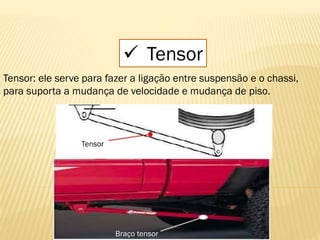  Tensor
Tensor: ele serve para fazer a ligação entre suspensão e o chassi,
para suporta a mudança de velocidade e mudança de piso.
Tensor
Braço tensor
 